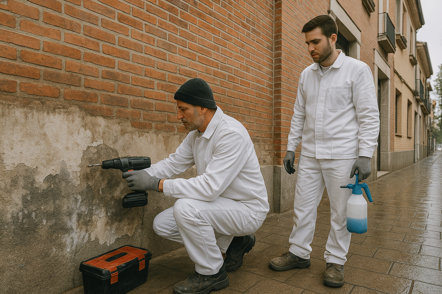 Técnicos reparando una fachada con humedades en Getafe